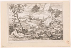 Ejderha Tarafından Korunan Andromeda ve Bulutta Uçan Perseus ile Manzara by Charles Macé (attributed to)