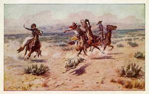 Bir kır kurdu kovalayan kovboylar by Charles Marion Russell