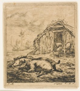 Bir Kulübenin Önünde Yatan Üç Domuz by Charles Meryon