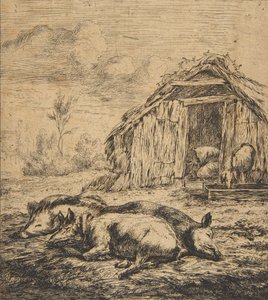 Bir Kulübenin Önünde Yatan Üç Domuz, 1850. by Charles Meryon