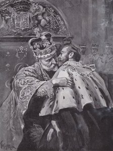 Kral Edward VII, oğlu Galler Prensi'ni kralın taç giyme töreninde kucaklarken, Westminster Abbey, Londra
