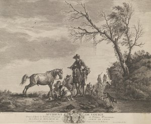 Yolculuk sırasında bir kaza, kırık bir eyeri tamir eden diz çökmüş bir adam, at işeyen bir at ..., 1740-50.
