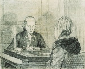 Oturan Bir Çift, Hanımın Arkadan Göründüğü, Mum Işığında Tavla oynayan by Charles Nicolas II Cochin