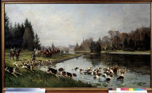 Bir yarış avla: “” Sulvie göletindeki geyiğin hallali, Aumale Dükü avı”” Charles Olivier de Penne (1831-1897) 1880 Güneş. 0,77x1,33 m Chantilly, musee Conde - Av köpekleri: Sulvie