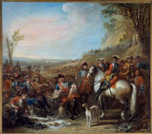 El bombalarının kralın evinden at sırtında durdurulması (1734). Merkezde, Mösyö de Creil, Komutan. Charles Parrocel tarafından yapılan boyama (1688 - 1752)