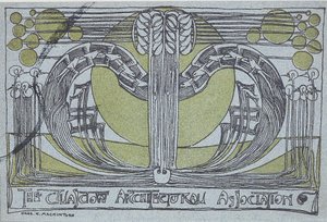 Glasgow Architectural Association için Conversazione Programı, 1894 (açık mavi kağıda siyah ve yeşil olarak basılmış linocut) by Charles Rennie Mackintosh