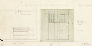 Bir gardırop tasarımı, ön ve iç cepheden yüksekte gösterilmiştir, c.1899-1900 (Kalem, sulu boya) by Charles Rennie Mackintosh