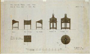 Ingram Street Çay Odaları için ön ve yan cephelerde gösterilen yazı masaları tasarımları, 1909 by Charles Rennie Mackintosh