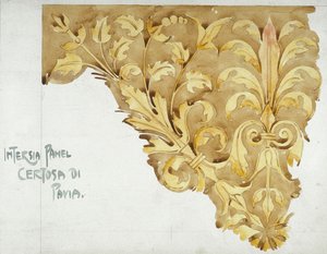 Intarsia Panel, Certosa di Pavia, 1891 (kağıt üzerine kurşun kalem ve sulu boya) by Charles Rennie Mackintosh