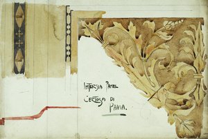 Intarsia Panel, Certosa di Pavia, 1891 (kağıt üzerine kurşun kalem ve sulu boya) by Charles Rennie Mackintosh