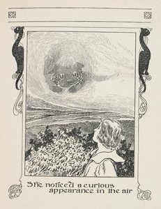 Havada tuhaf bir görüntü fark etti.
Alice ve Cheshire Kedisi. by Charles Robinson