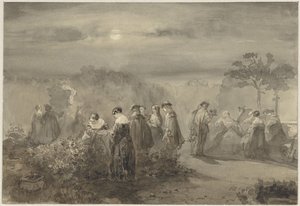 Gül çalıları ile mehtaplı bir bahçede bayanlar ve baylar şirketi by Charles Rochussen
