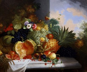 Meyve natürmortu (ahududu, üzüm, çarkıfelek meyvesi, kavun, frenk üzümü, ananas, şeftali dahil). Charles Stuart