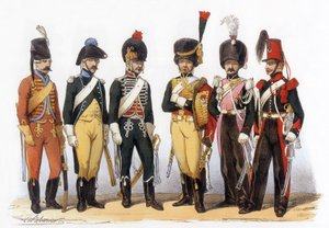 Fransız ordusunun kostümleri: Lancers gd: 1745 dosya avcısı (LouisXV altında); 1785, LouisXVI yönetiminde; 1794 cumhuriyet; 1810 imparatorluk muhafızları (1. imparatorluk); 1824 kraliyet muhafızları (restorasyon); 1840, Charles Vernier#39;in (1831-1887) çi