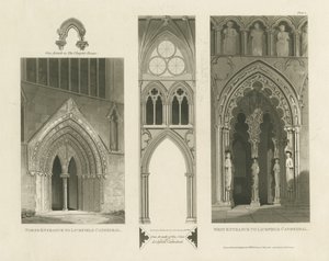 Lichfield Katedrali - Batı Girişi, Kuzey Girişi ve Nef: aquatint gravür by Charles Wild