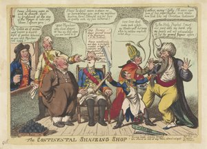 Avrupa güçleri için bir berber olarak Napolyon, 1806 Continental Tıraş Dükkanı (nesne üzerindeki başlık) by Charles Williams