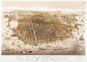San Francisco Şehri, körfezden güneybatıya bakan kuş bakışı, Currier & Ives tarafından yayınlandı by Charles Richard Parsons