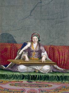 Türk kızı klavye yolma aleti çalıyor, meyhane. 1707-08. by Charles de Ferriol