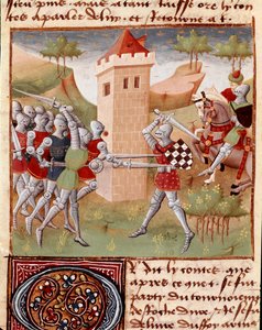 Lancelot du Lac dövüş şövalyeleri Minyatür, Master Charles de Maine tarafından “” Roman du Chevalier Tristan”dan alınmıştır (Beroul versiyonu). 1440-1460. Chantilly, Conde Müzesi