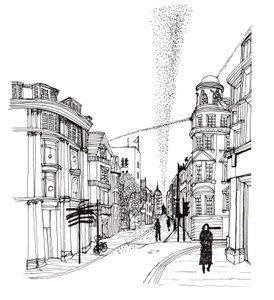 Cornmarket Caddesi, 2019 (kalem ve mürekkep) by Charlotte Orr