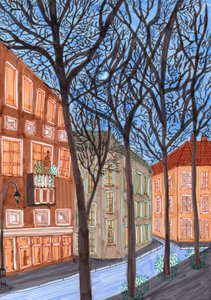Friedrichshain at Night, 2017 (fırçalı kalemler) by Charlotte Orr