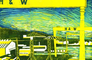 Harland & Wolff Cranes, Belfast, 2022 (linoprint) by Charlotte Orr
