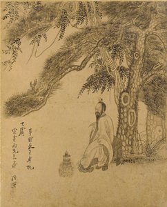 Bir Çam Altında İksir Hazırlanıyor, Qing hanedanı, 1651 (altın kağıt üzerine mürekkep) by Chen Hongshou