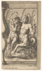 Kucaklayan iki triton, biri panpipe oynayan, ikincisi bir deniz kabuğu tutan, ..., 1579. by Cherubino Alberti