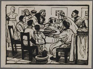 Yeni yıl arifesini kutlamak için bir şeyler içelim, c.1945 (tahta baskı) by Chi Kwei Sung