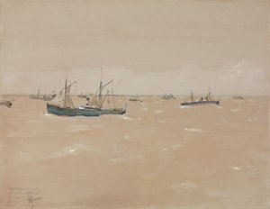 İspanya Sahili Açıklarında Bir Darbeyi Atan Meyve Vapurları by Childe Frederick Hassam