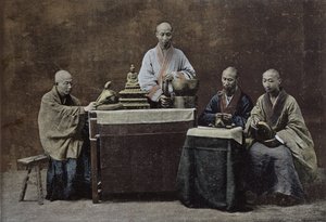 Bir grup Çin bonzesi; Gilot tarafından oyulmuş ve basılmıştır; 1896, Çin okulu tarafından, (19. yüzyıl) by Chinese School