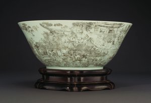 Saray arazisindeki hanımların kesintisiz bir sahnesini betimleyen büyük bir oyulmuş porselen kase, 1796-1820 by Chinese School