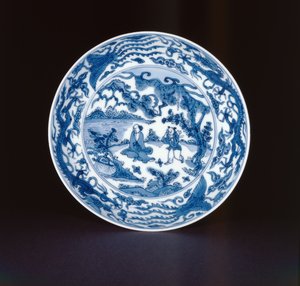 Bir adaçayı ve görevli ile boyanmış mavi ve beyaz tabak, Wanli işareti ve dönemi, 1573-90 (porselen) by Chinese School
