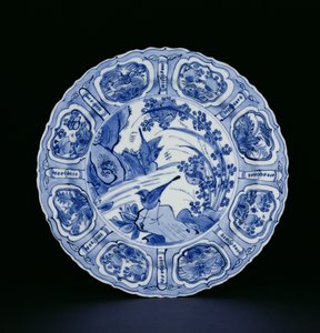 Bir manzarada kuşlarla boyanmış mavi ve beyaz kraak plakası, Ak balıkçıl işareti, Wanli, 1595-1605 (porselen) (bkz. 205991)