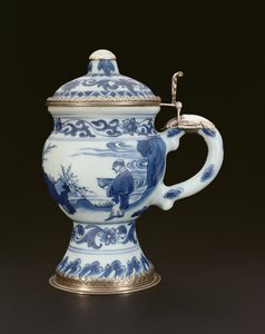 Bir bilgin ve görevli ile boyanmış kapaklı mavi ve beyaz hardal kabı, Chongzheng, 1635-40 (porselen)