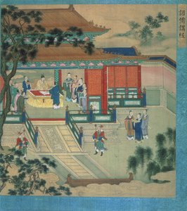 İmparator Hsien Ti (fl.189-220), Çin imparatorlarının tarihinden klasik metinleri çeviren bilim adamlarıyla (ipek üzerine renkli) by Chinese School