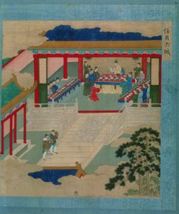 İmparator Hui Tsung (r.1100-26), Çin imparatorlarının tarihinden (ipek üzerine renkli) değerli taştan yapılmış bir bardaktan içtiği bir festivale katılıyor by Chinese School
