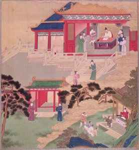 İmparator Tai Tsung (r.762-779), Çin imparatorlarının tarihinden bir tıbbi cilt okuyor (ipek üzerine renkli) by Chinese School