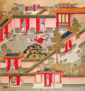 İmparator Wu Ti (156-87, r.141-87 BC), sarayını terk ederken, Çin imparatorlarının tarihinden (ipek üzerine renkli) by Chinese School