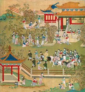 Çin imparatorlarının tarihinden (ipek üzerine renkli) (ayrıca bkz. 176855) İmparator Yang Ti (581-618) bahçelerinde karılarıyla geziyor. by Chinese School