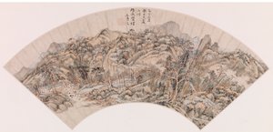 Dağlık bir manzarayı betimleyen yelpaze (kağıt üzerine mürekkep) by Chinese School