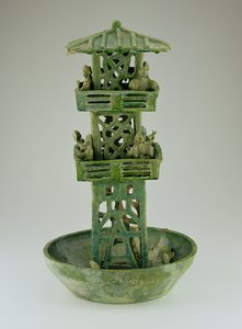 Bir gözetleme kulesi modeli, Han Hanedanlığı (206 BC-220 AD) (sırlı seramik)
