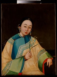 Bir Saray Hanımının Portresi, İşlemeli Bir Cüppede Yarım Boy Oturmuş, Elinde Çiçek Tutuyor, 19. Yüzyılın Ortası by Chinese School