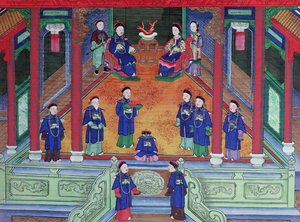 Çinli bir imparatorluk yetkilisini evde karısıyla birlikte otururken gösteren sahne (ipek üzerine guaj boya) by Chinese School
