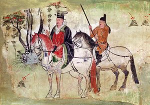 Bir Manzarada İki Atlı, Bodhisattva ve Equerry, Tang Dönemi (boyalı taş) by Chinese School