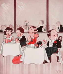 Şehir fareleri ve taşra fareleri, Rafine vatandaşlar rafine olmayan taşralılara karşı, restoran sahnesi, Chloe Preston (1887-1969) çizimi, The Tatler, No 1384, 4 Ocak by Chloe Preston