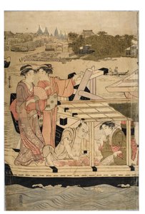 Sumida Nehri sahnesinin yatay bir beşli parçasının parçası by Chobunsai Eishi