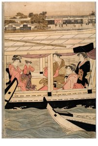 Sumida Nehri sahnesinin yatay bir beşli parçasının parçası by Chobunsai Eishi