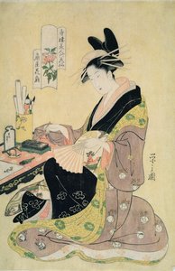 Masasında resim yapan kadın (renkli tahta baskı) by Chobunsai Eishi