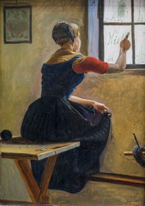 Jutlandlı Genç Bir Köylü Kızı Arkadaşının Adını Buğulu Bir Pencere Camına Yazıyor by Christen Dalsgaard